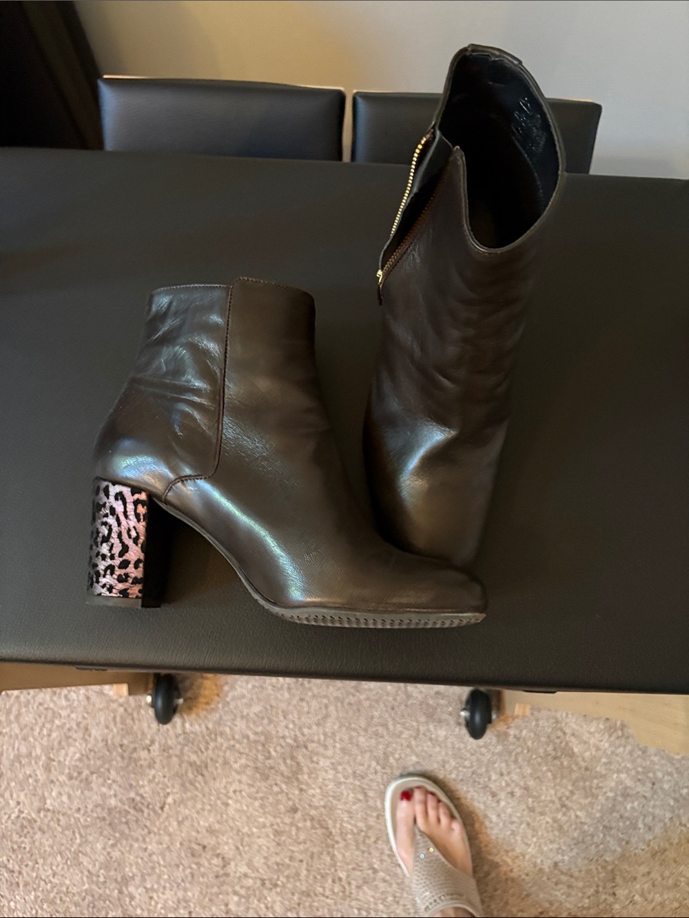 Eric Michael Black Leather Ankle Boots with Pink Leopard Block Heel